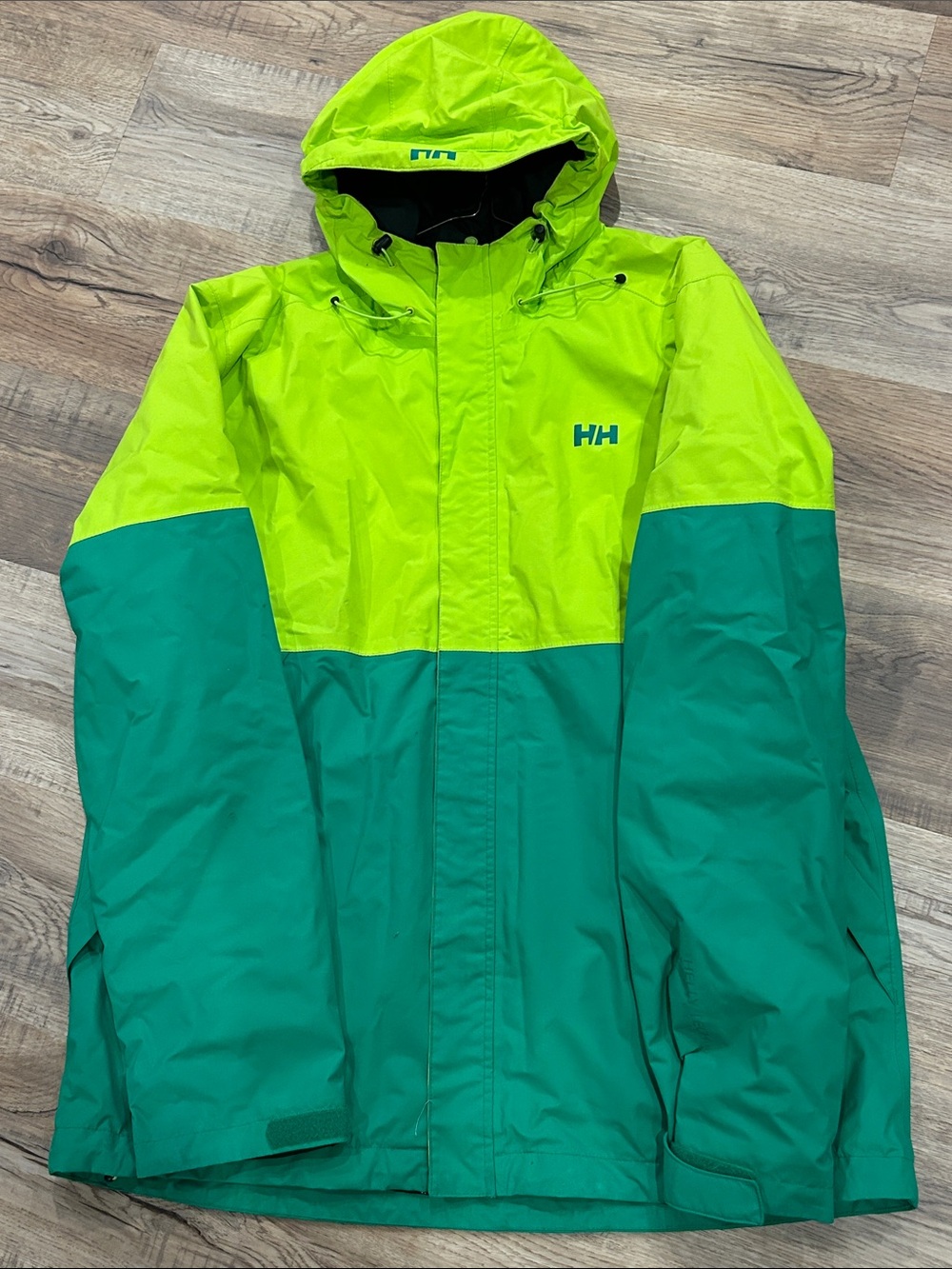 Helly Hansen Men's Lime Green and Teal Waterproof Rain Jacket